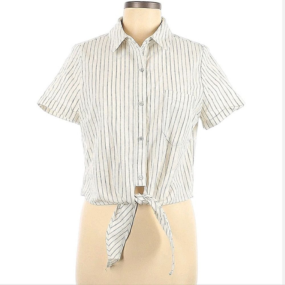 NWOT KITTENISH Short Sleeve Striped Cotton Hemp Tie Front Button Down Up Top L - Picture 10 of 14